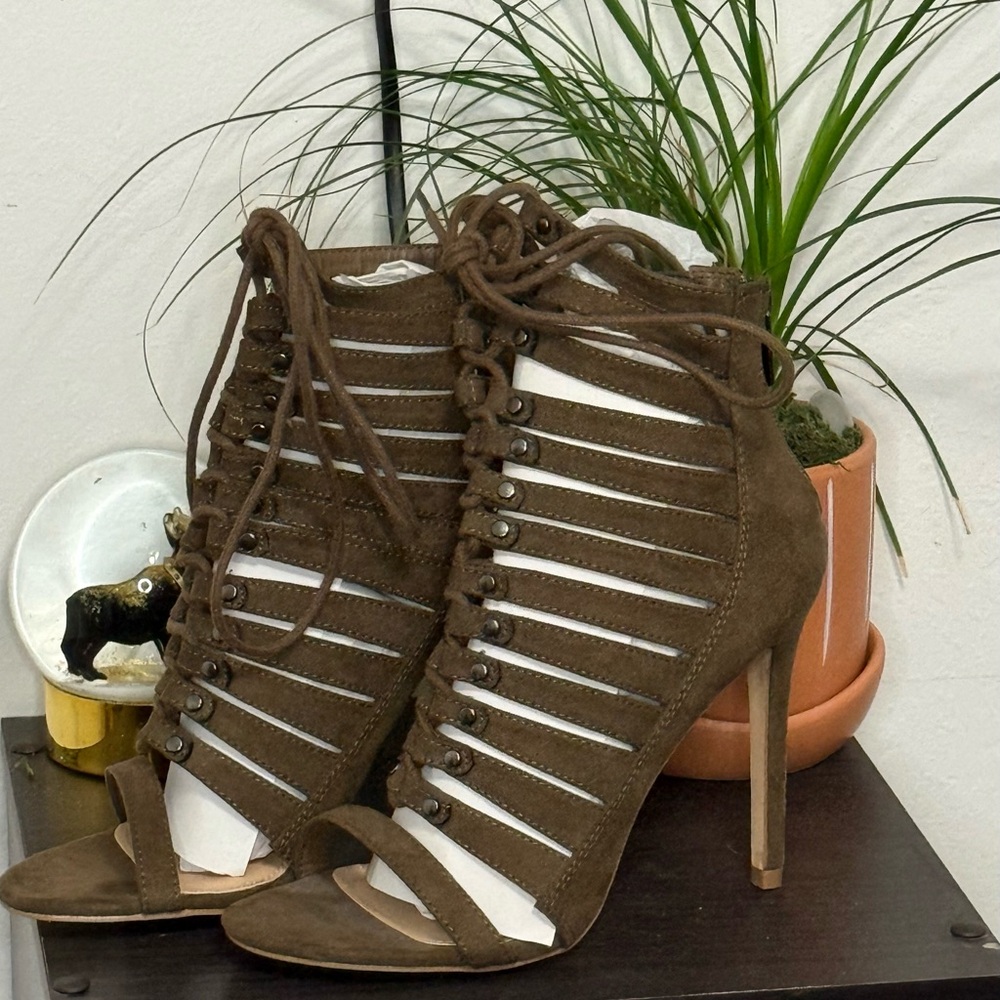 JustFab Brown High-Heeled Cage Sandals